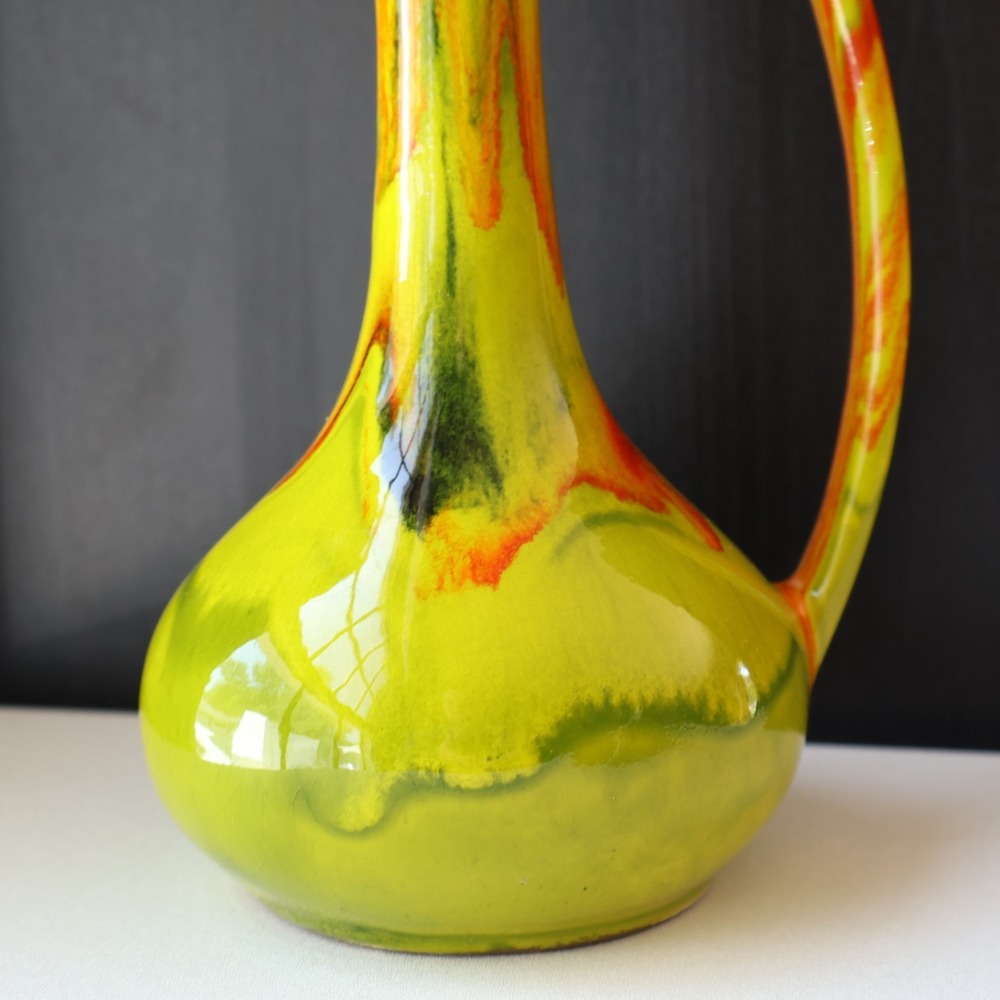 Vintage Mid Century Yellow Orange Drip Glaze Ceramic Ewer Pitcher Vase 9" - Picture 2 of 8